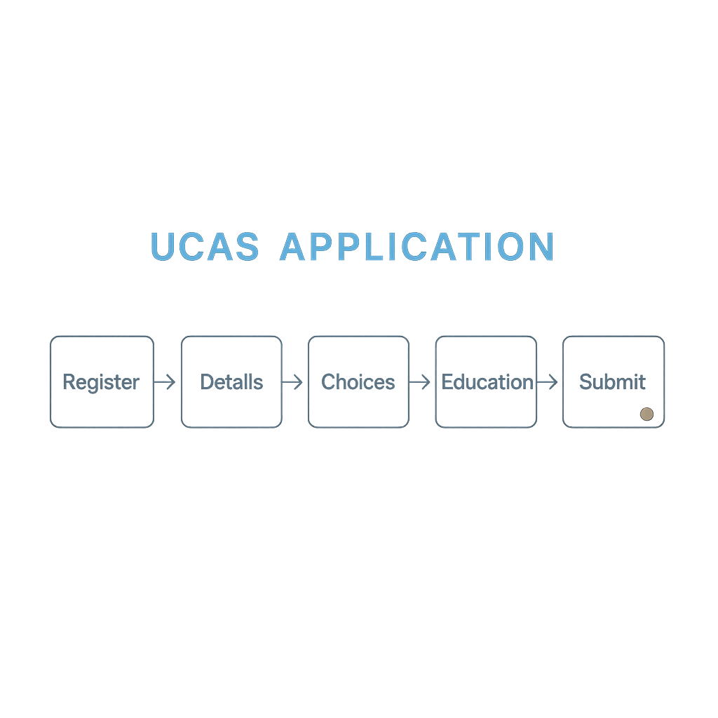 Step-by-step flow diagram showing how to fill in a UCAS application from registration to submission