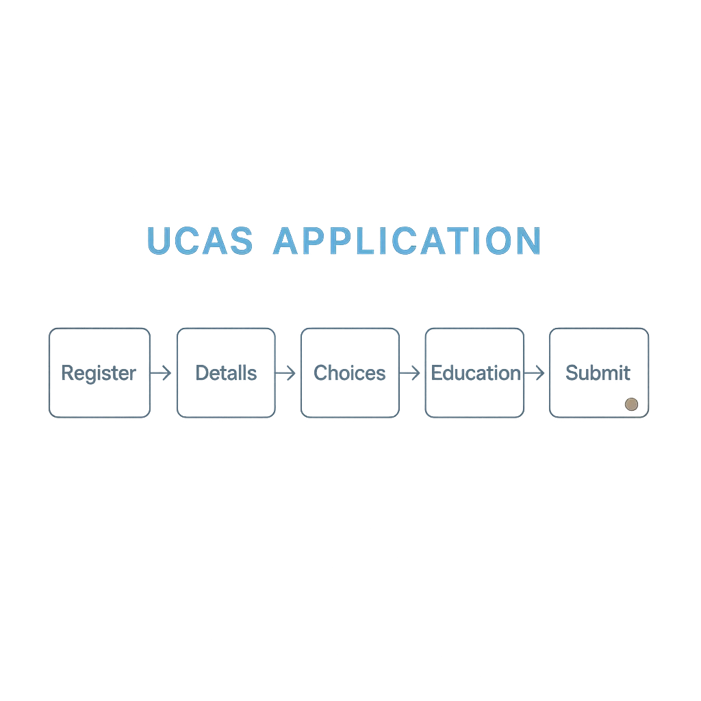 Step-by-step flow diagram showing how to fill in a UCAS application from registration to submission