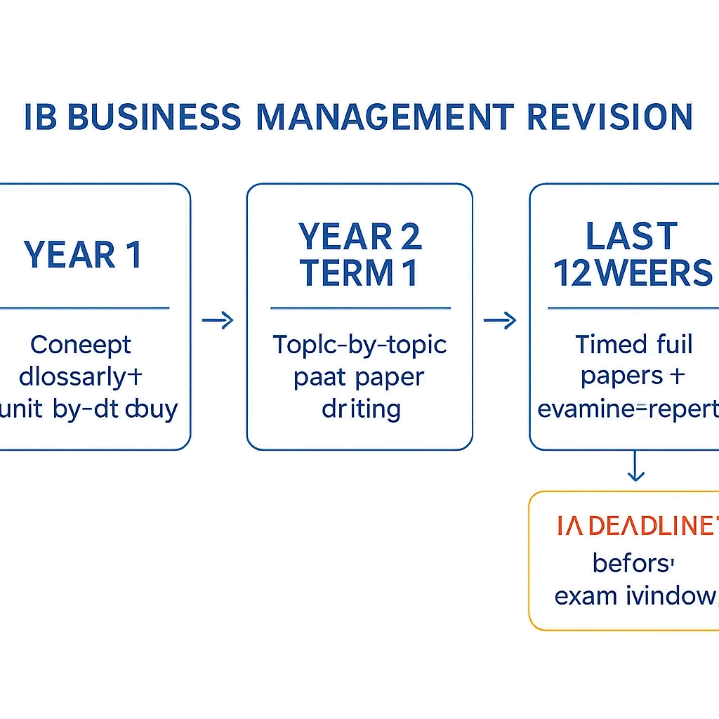 Two-year IB Business Management revision timeline from Year 1 concept building to exam-season past-paper practice