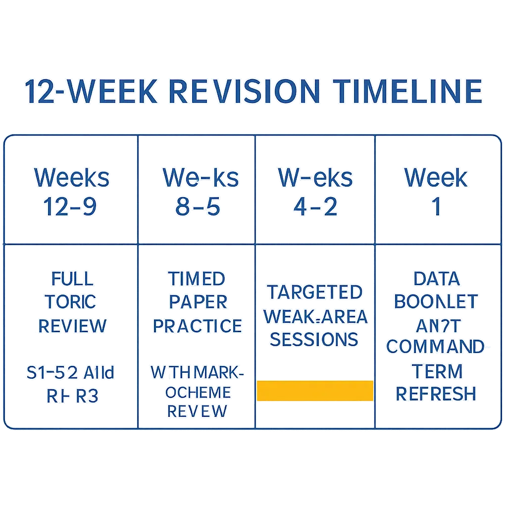 12-week IB Chemistry revision plan timeline showing four study phases from topic review to exam-week preparation