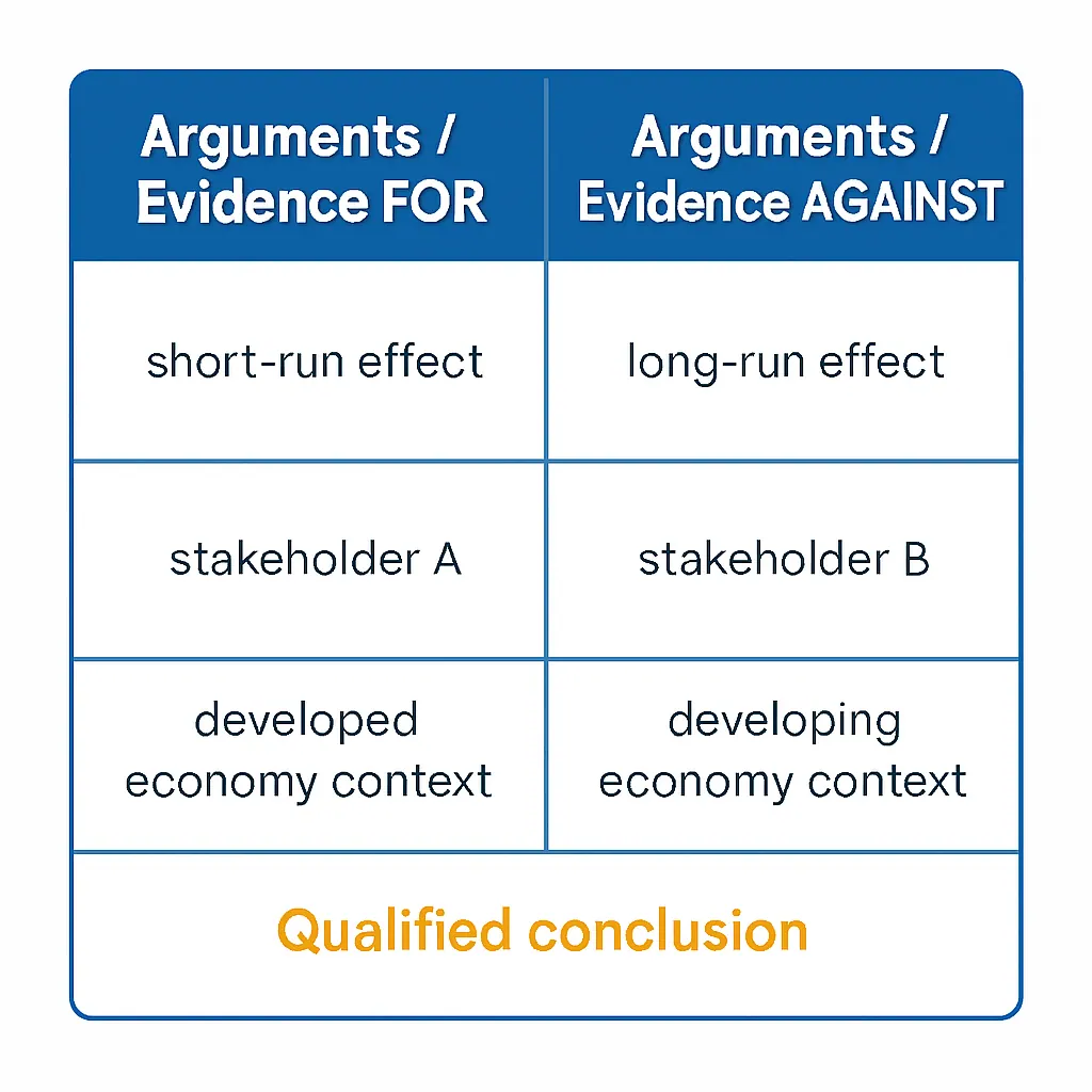 Two-column IB Economics essay planning structure for evaluate and discuss questions