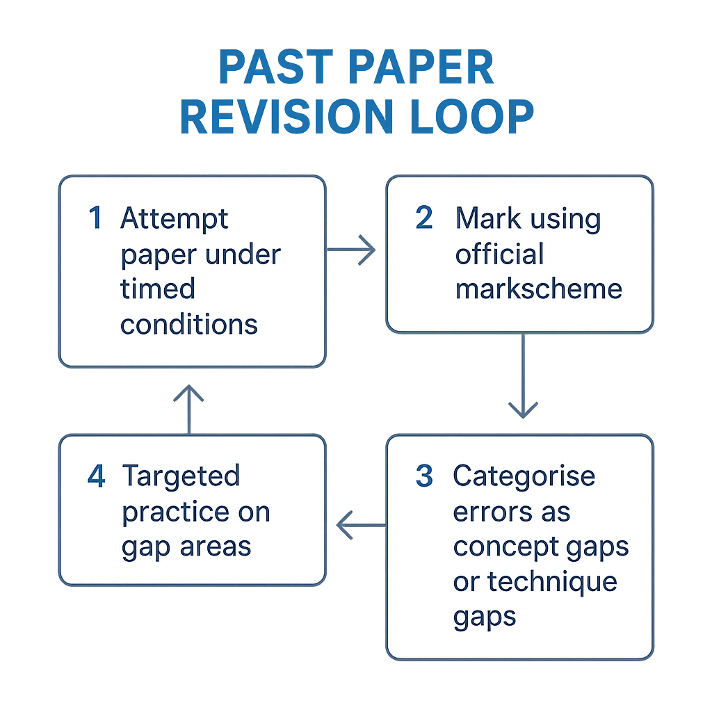 Four-step IB Math past paper revision cycle: attempt, mark, categorise errors, targeted practice