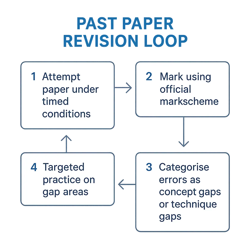 Four-step IB Math past paper revision cycle: attempt, mark, categorise errors, targeted practice