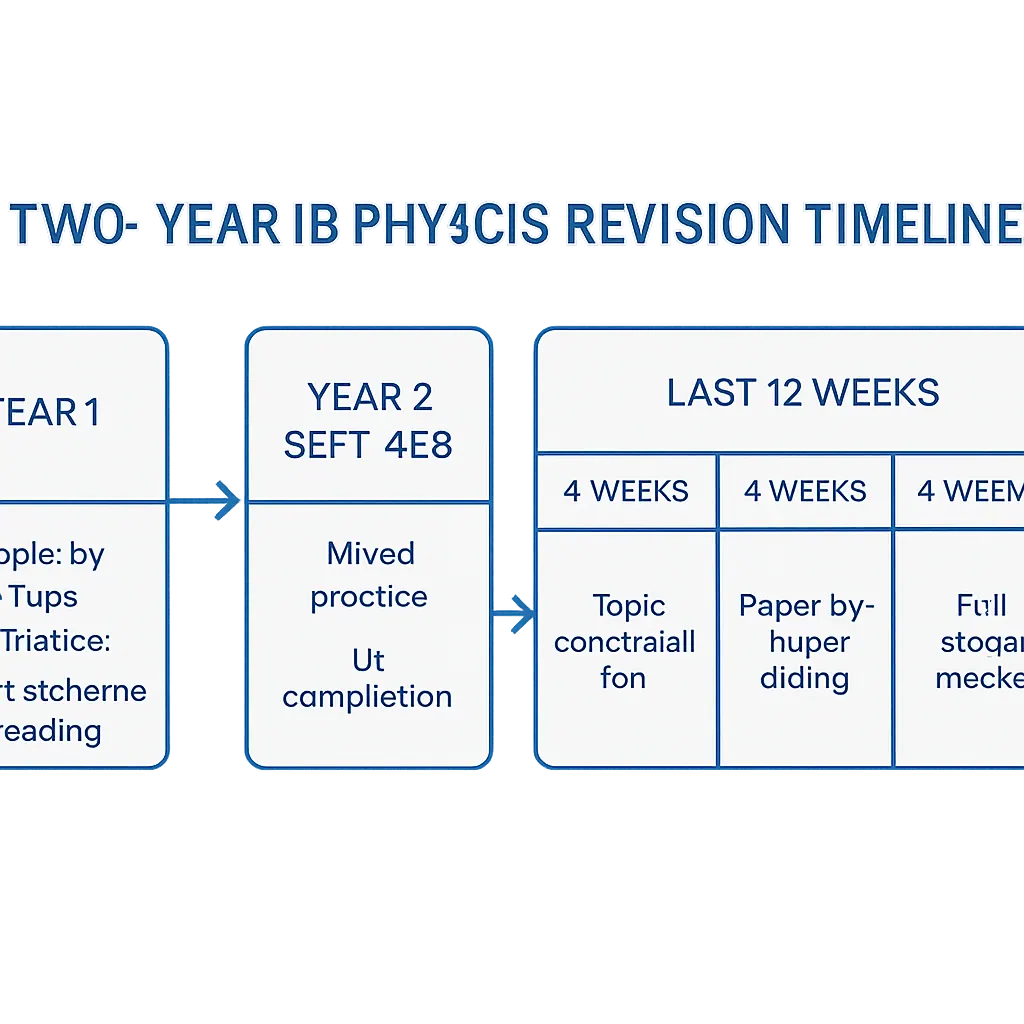 Two-year IB Physics revision timeline from year one topic practice to timed mocks in the final twelve weeks