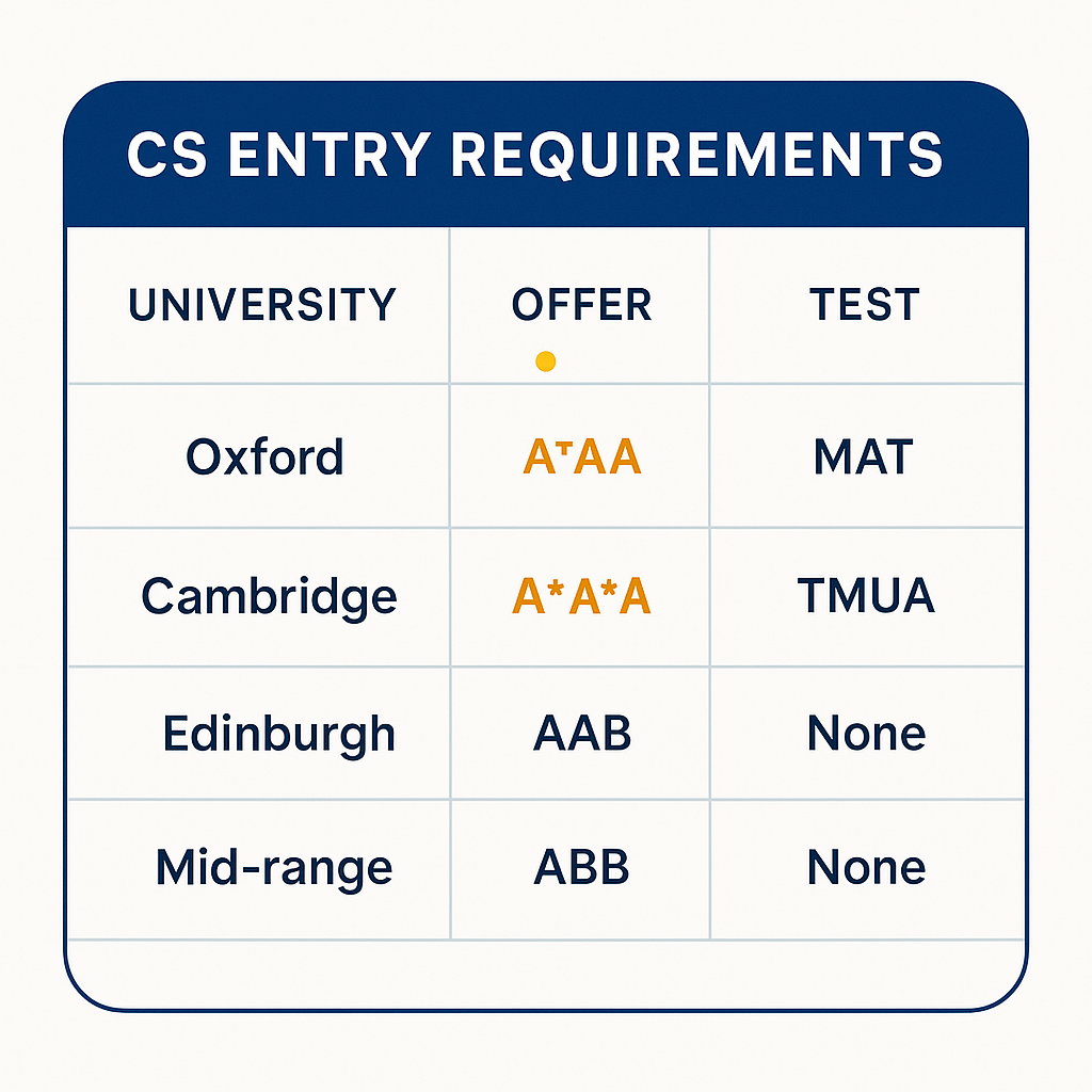 Computer science entry requirements comparison across Oxford, Cambridge, Edinburgh and a mid-range UK university showing grade offers and admissions tests
