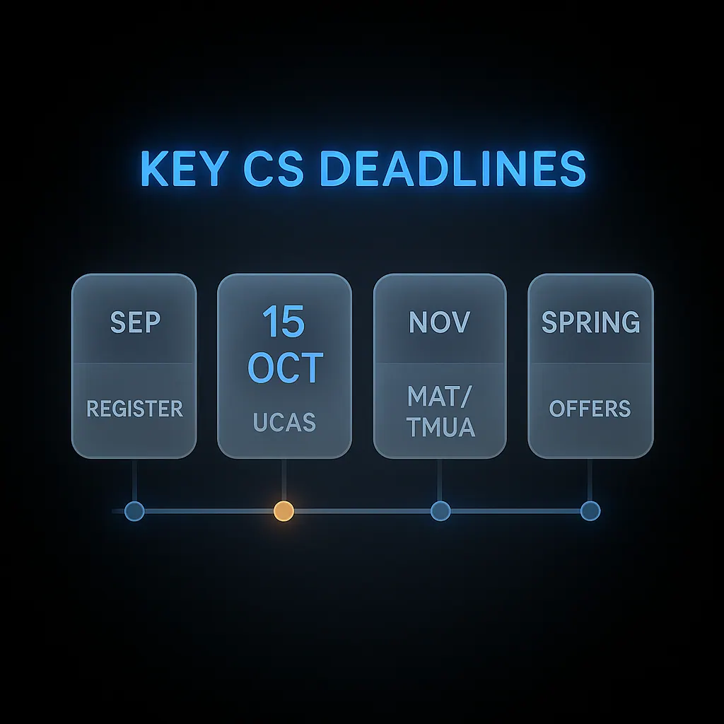 Timeline of key computer science application deadlines for 2026 entry including MAT TMUA registration and UCAS deadlines
