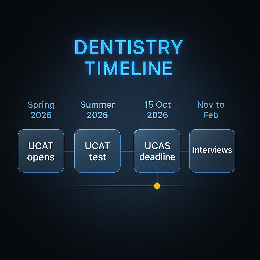 Dental school application process timeline from UCAT registration in spring 2026 to UCAS deadline on 15 October 2026