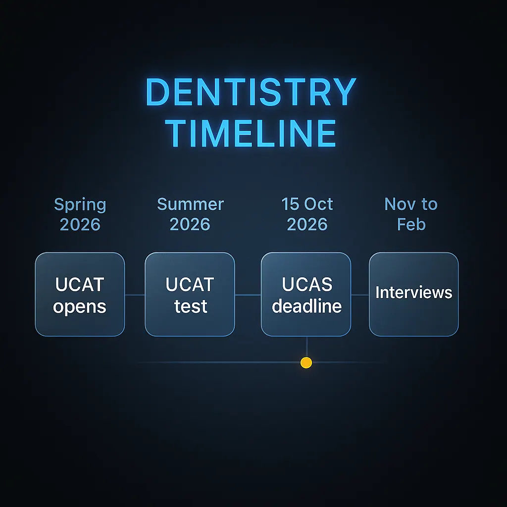 Dental school application process timeline from UCAT registration in spring 2026 to UCAS deadline on 15 October 2026