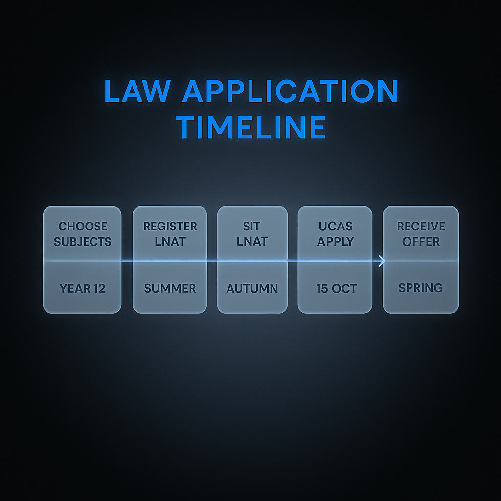 Timeline of UK law school application steps from subject choice to receiving an offer