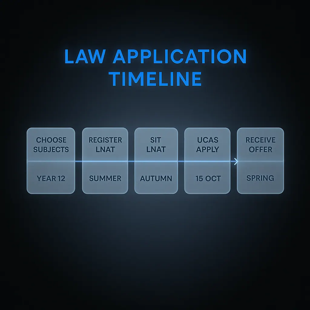 Timeline of UK law school application steps from subject choice to receiving an offer