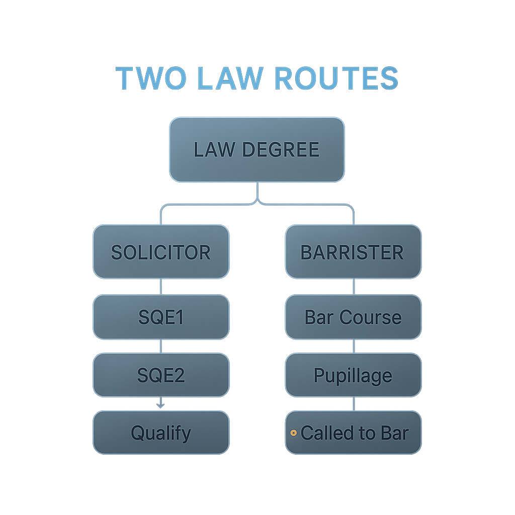 Diagram comparing the SQE solicitor route and Bar barrister route after a UK law degree