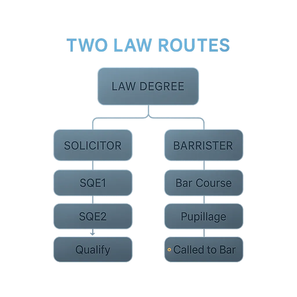 Diagram comparing the SQE solicitor route and Bar barrister route after a UK law degree