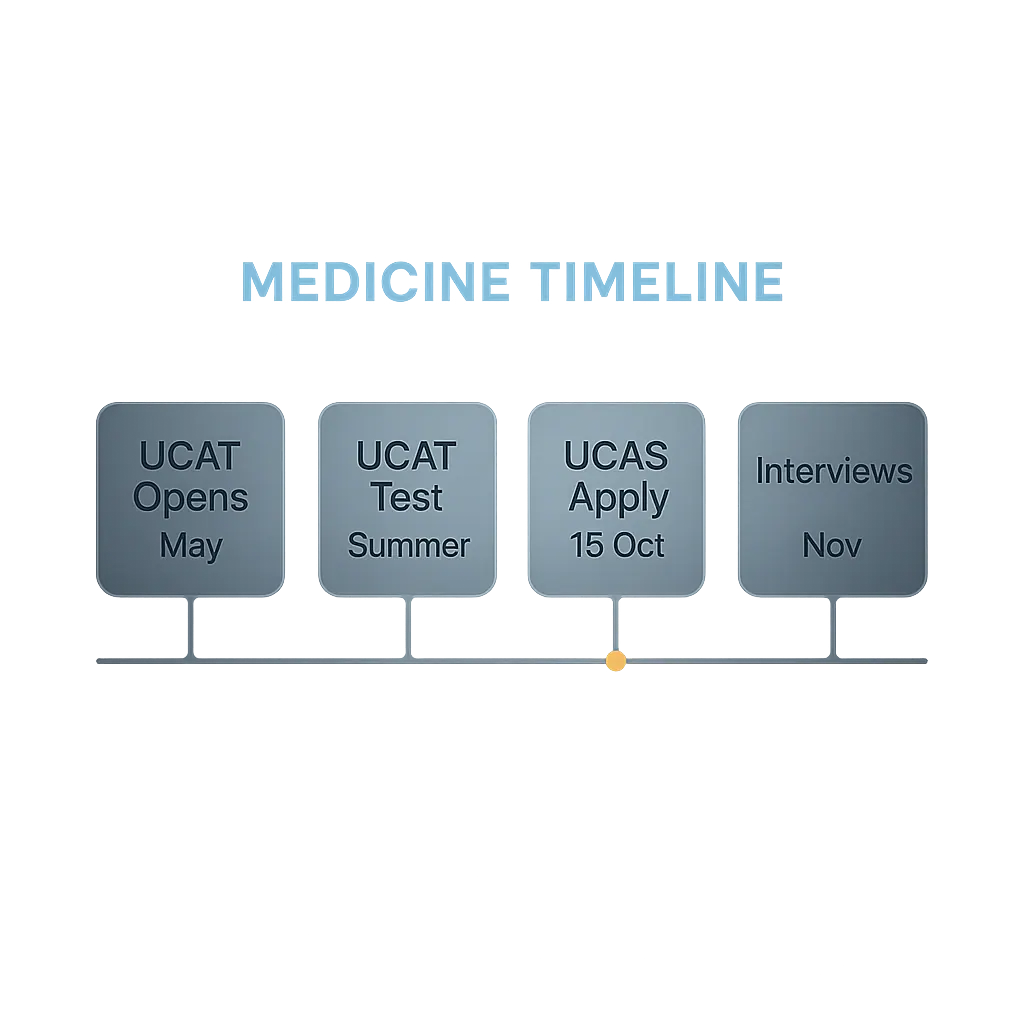 Timeline of UK medicine application deadlines from UCAT registration to UCAS offers