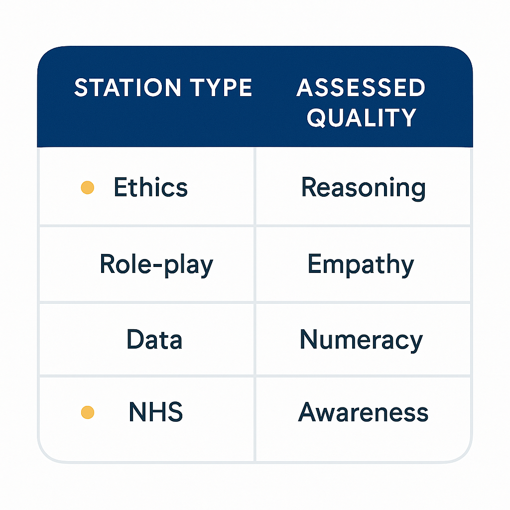 MMI interview station types and assessed qualities for UK medical school applicants