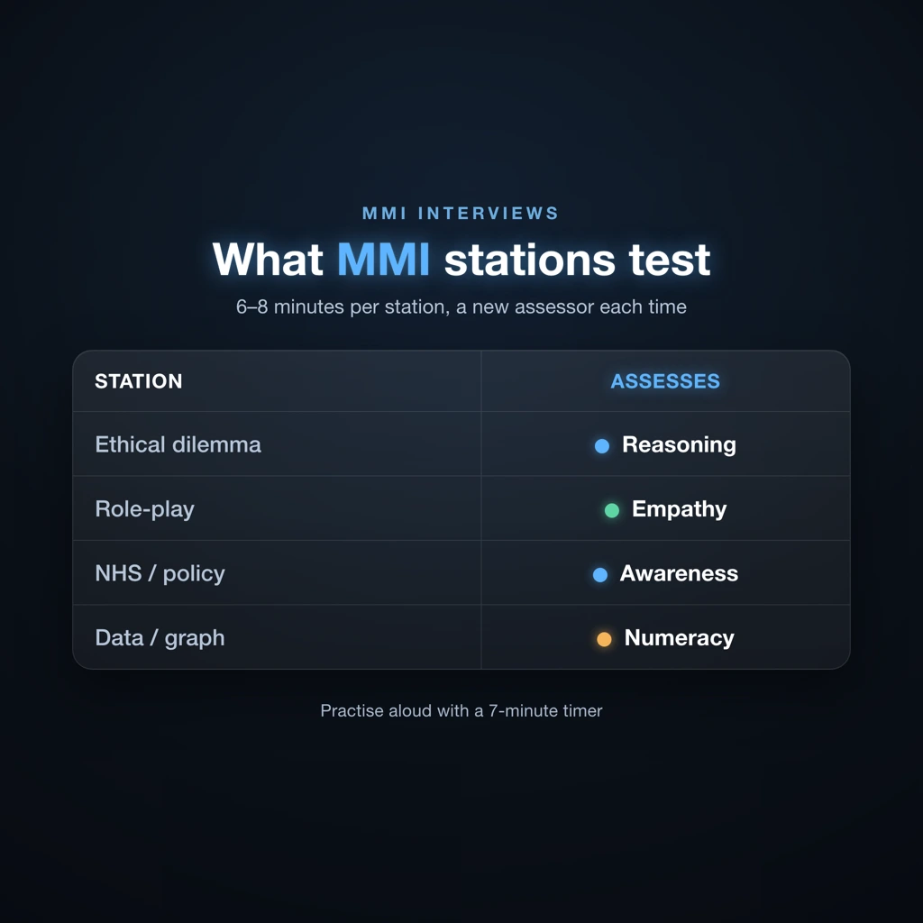MMI interview station types and assessed qualities for UK medical school applicants