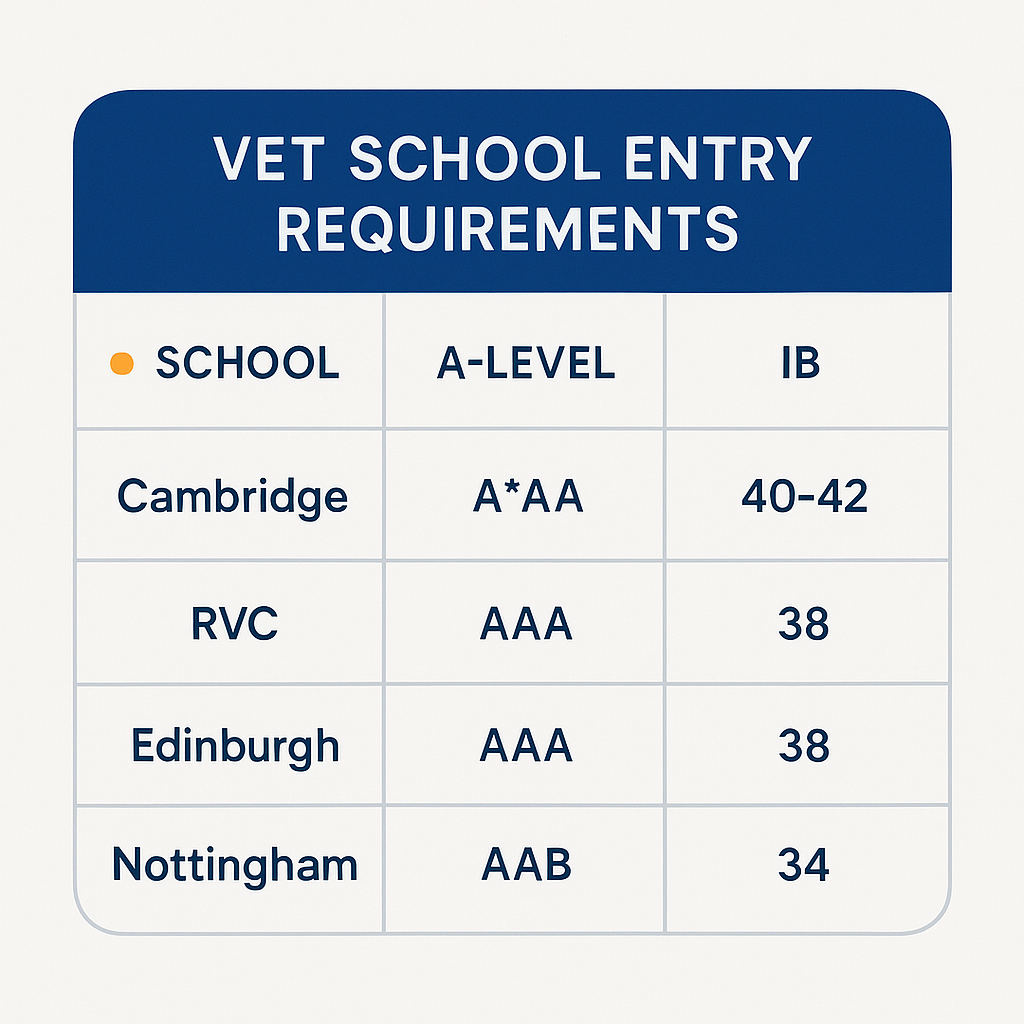 Comparison table of UK vet school entry requirements showing A-level grades and IB offers for Cambridge, RVC, Edinburgh and Nottingham