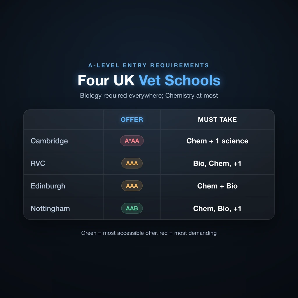 Comparison table of UK vet school entry requirements showing A-level grades and IB offers for Cambridge, RVC, Edinburgh and Nottingham