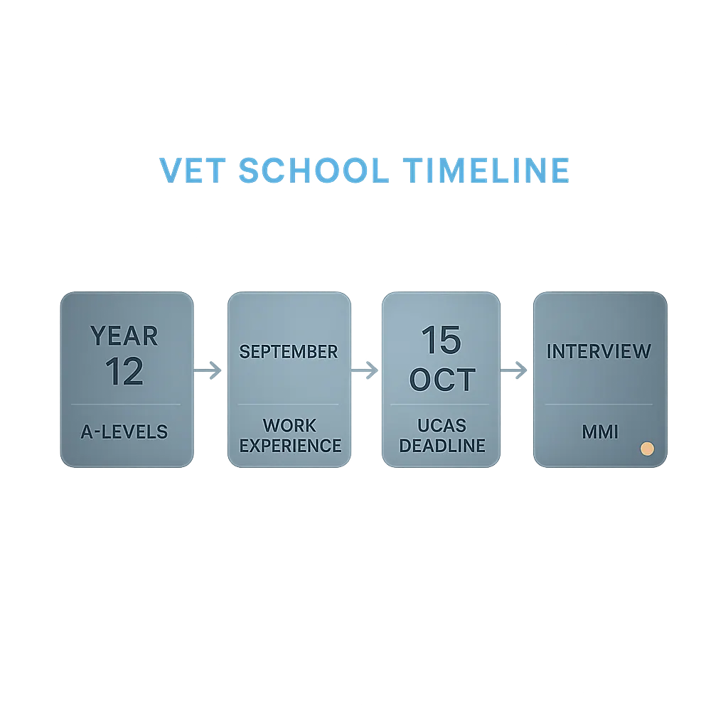 Step-by-step timeline for how to get into veterinary school in the UK from Year 12 to interview stage