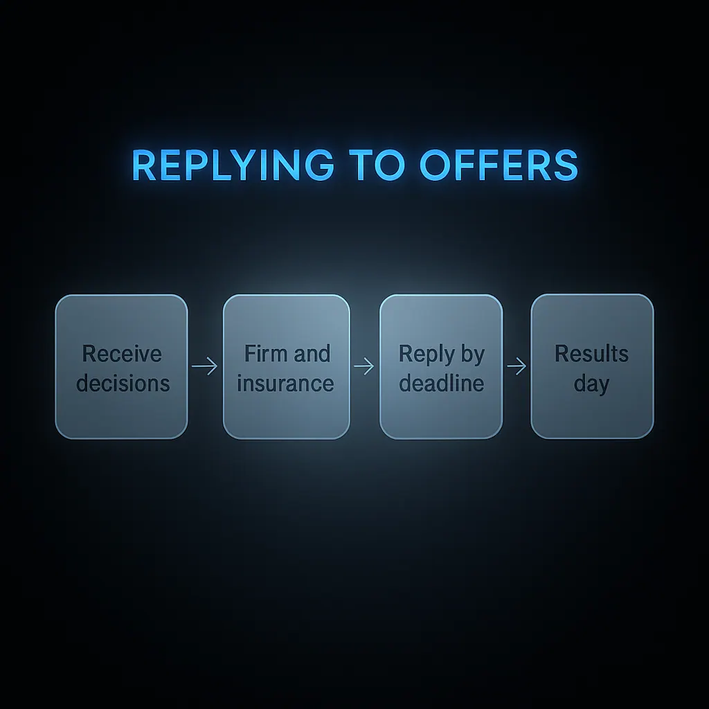 Process flow diagram showing how to reply to UCAS offers from receiving decisions to results day outcome