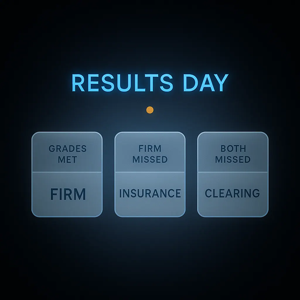 Results day decision flowchart showing firm confirmed, insurance placed, or Clearing based on grades met