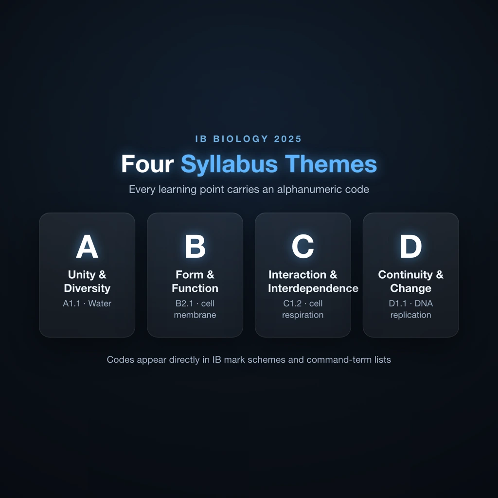 Diagram of the four IB Biology 2025 syllabus themes with example sub-topic codes for each theme
