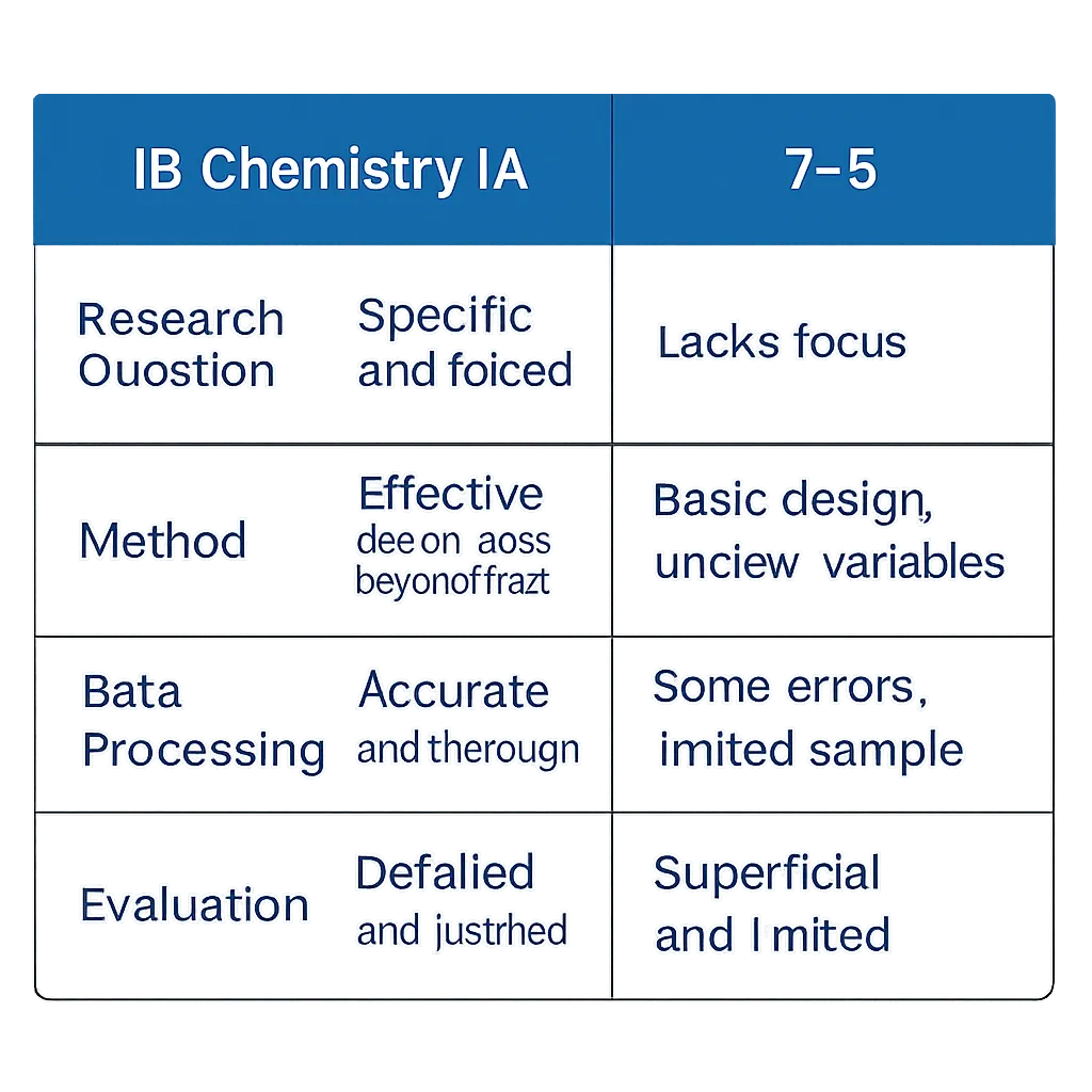 Side-by-side comparison of IB Chemistry IA 7-level versus 4-5 level quality across research question, method, data processing and evaluation criteria