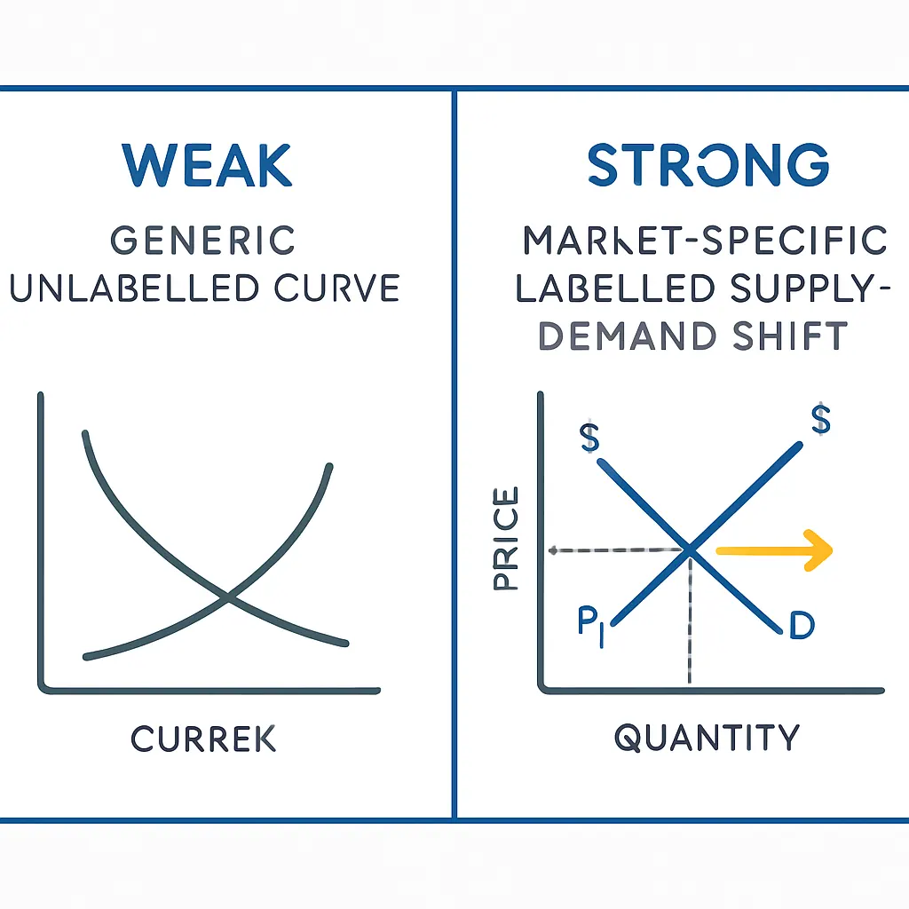 Weak versus strong IB Economics IA diagram: generic unlabelled curve versus market-specific labelled supply-demand shift