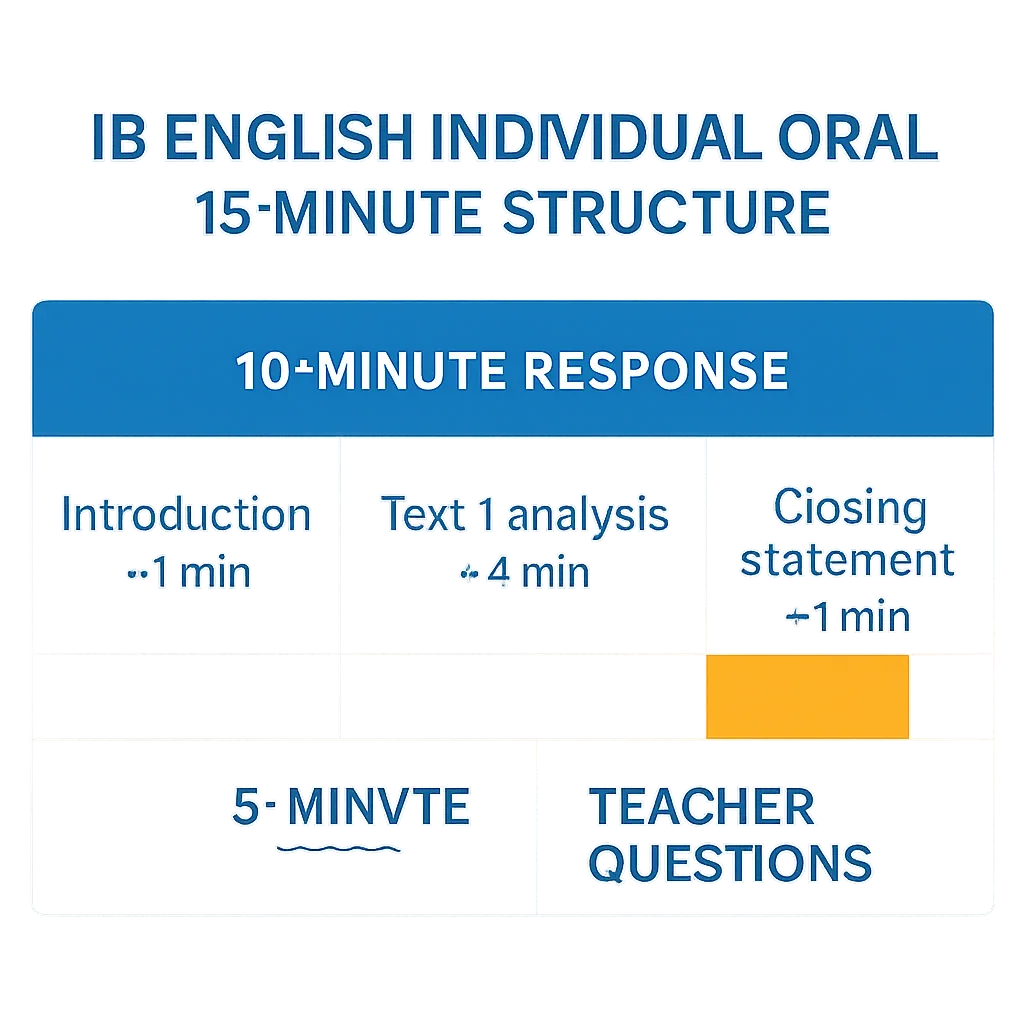 IB English individual oral 15-minute structure showing 10-minute response and 5-minute teacher questions