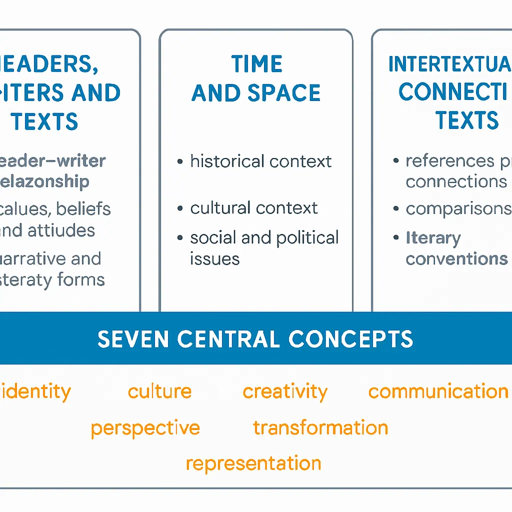 IB English Language and Literature three areas of exploration and seven central concepts shown as interconnected panels