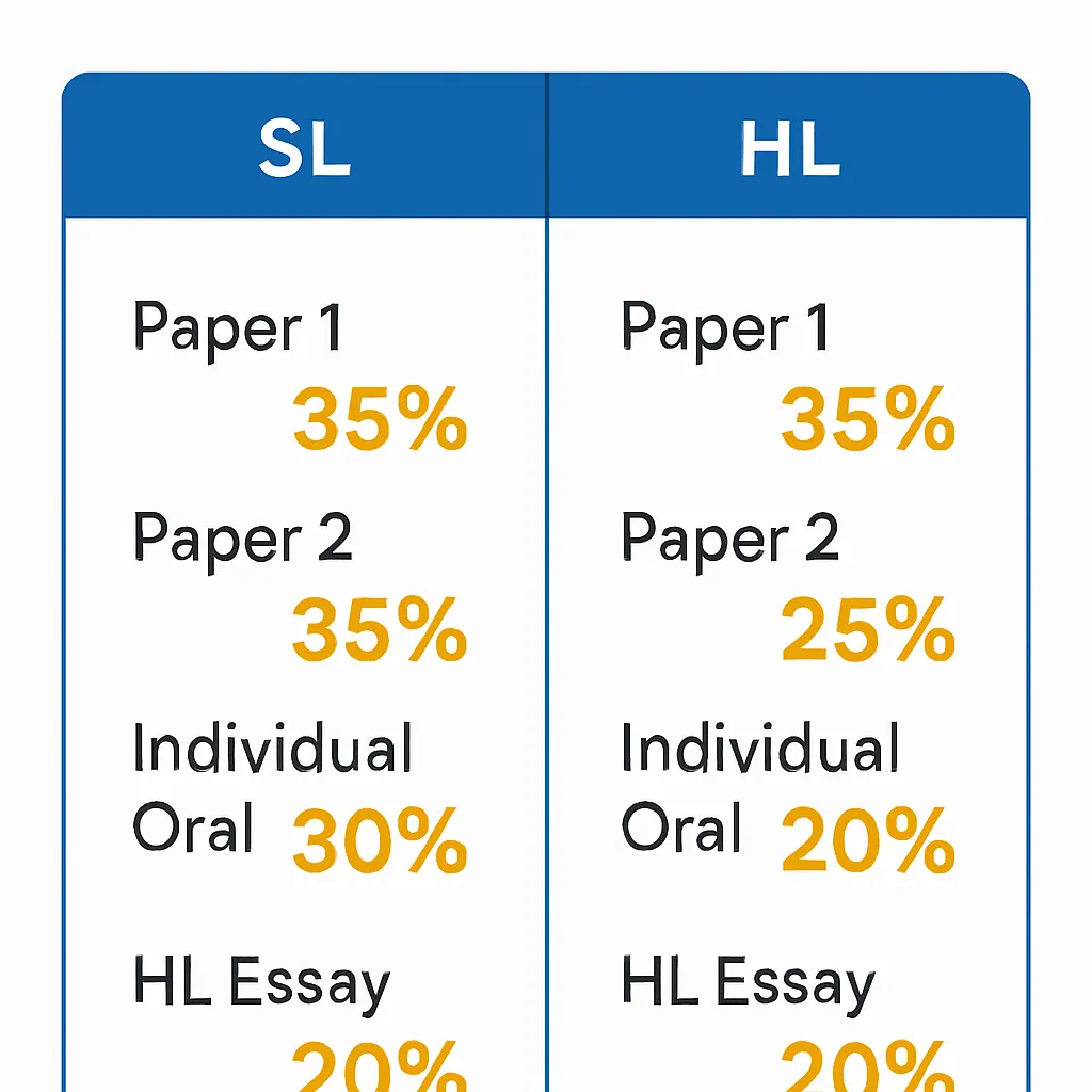 IB English Language and Literature assessment weightings for SL and HL showing Paper 1 Paper 2 Individual Oral and HL Essay