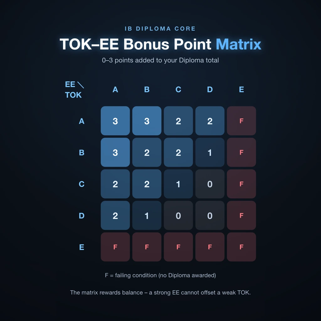 IB Extended Essay and TOK grade matrix showing bonus points from 0 to 3 for each grade combination