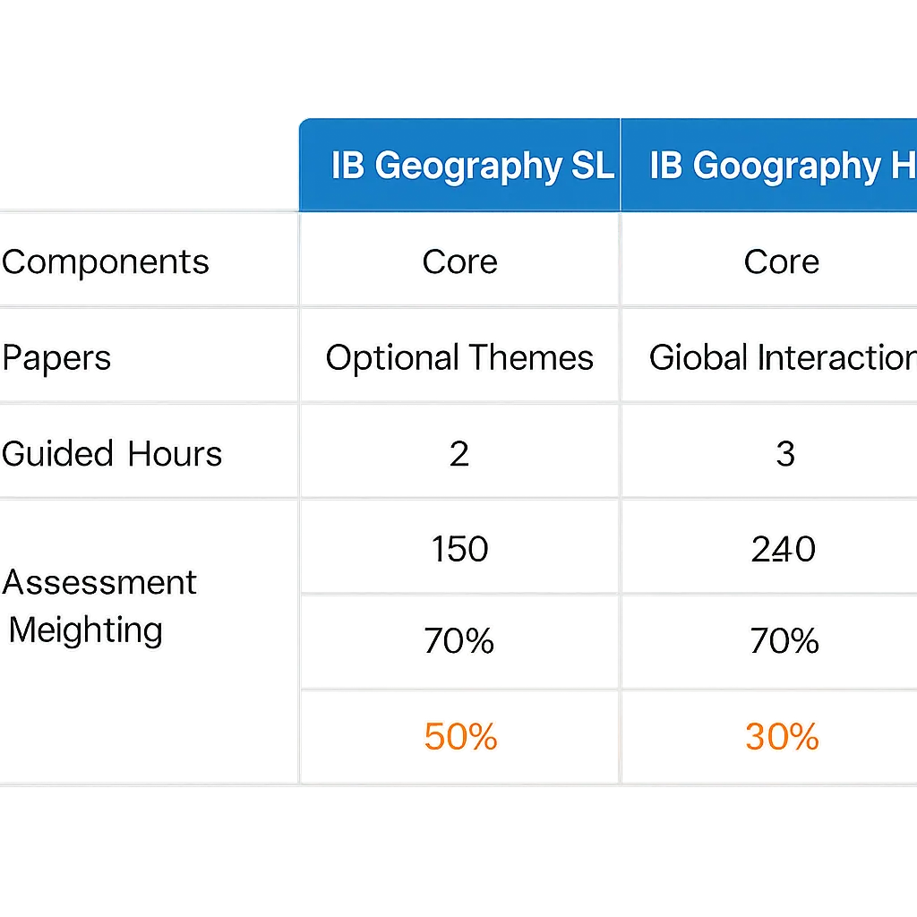 IB Geography SL versus HL comparison showing papers, topics, hours and grade weightings