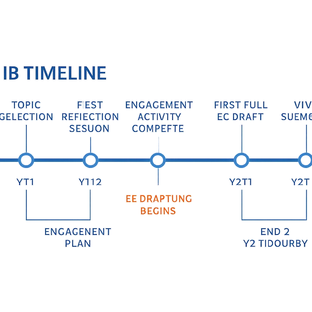 Timeline showing global politics extended essay and engagement project milestones across IB Year 1 and Year 2