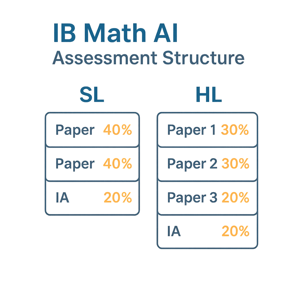 IB Math AI SL and HL assessment structure showing paper weighting and internal assessment percentage