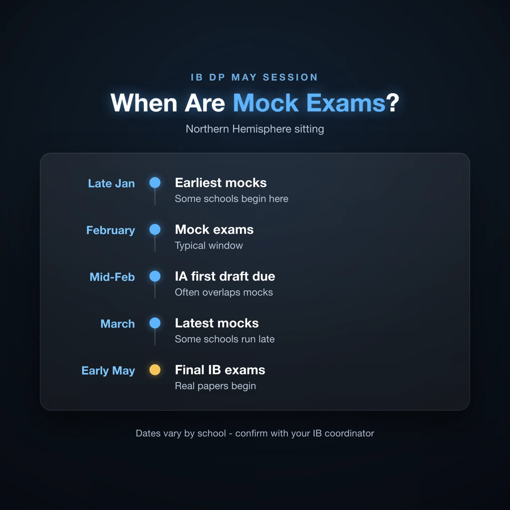 Timeline of IB DP May session showing mock exams in February and final exams in May