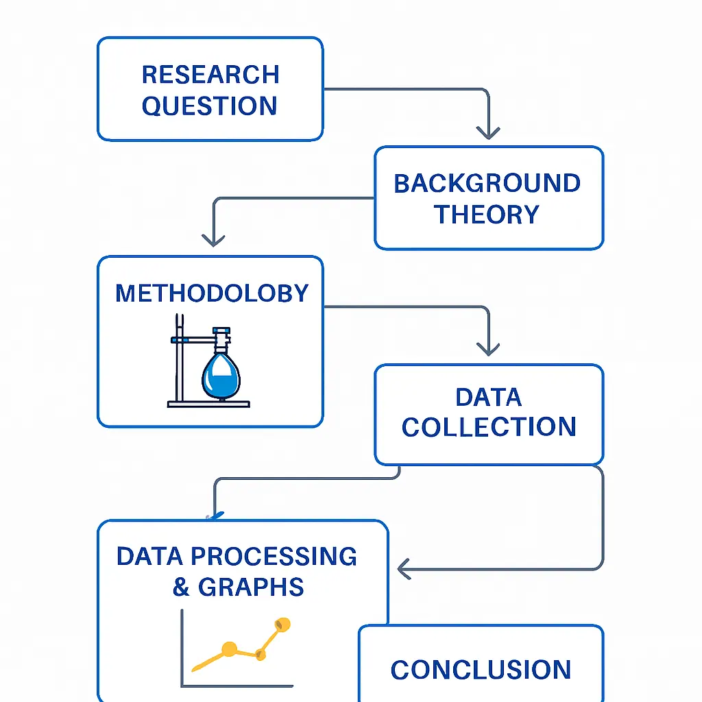 IB Physics IA structure diagram showing seven sections in order from research question to evaluation