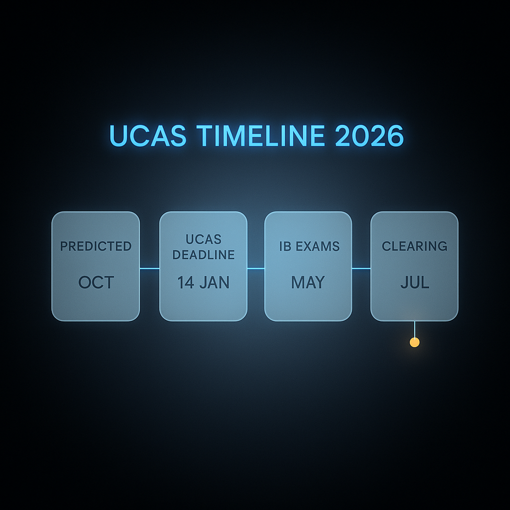 Timeline of IB predicted grades submission and UCAS application deadlines through to Clearing 2026