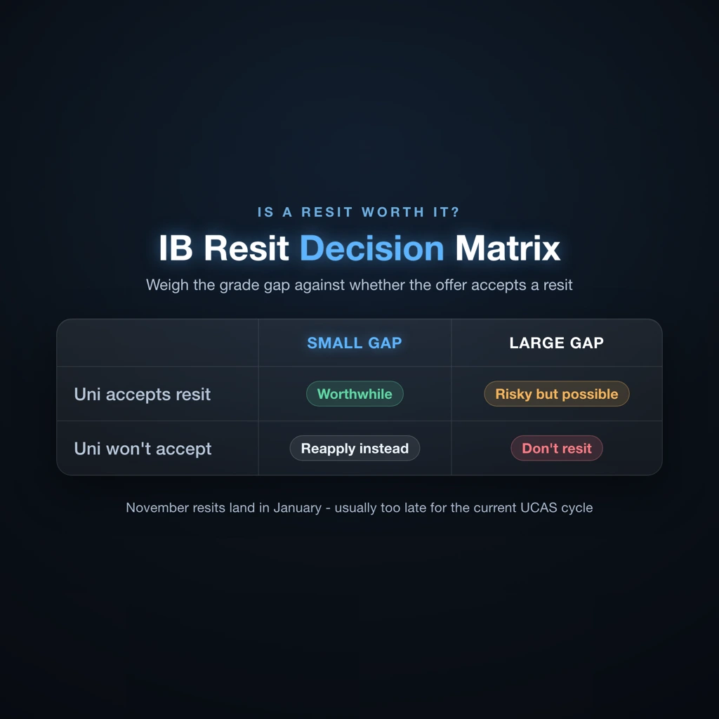 IB resit decision matrix comparing grade gap and university acceptance of resit grades