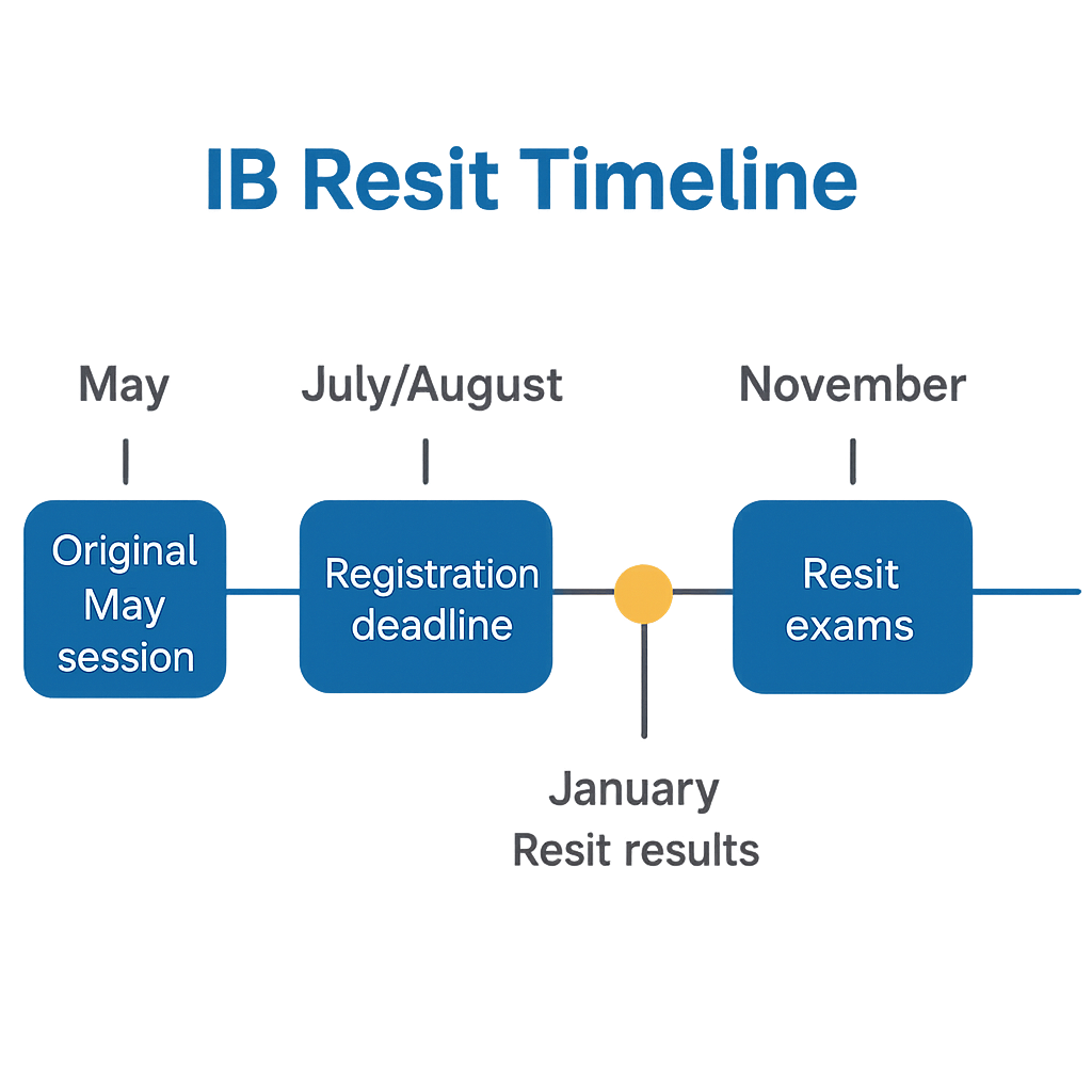 IB resit timeline showing registration deadline, November exam dates, and January results release