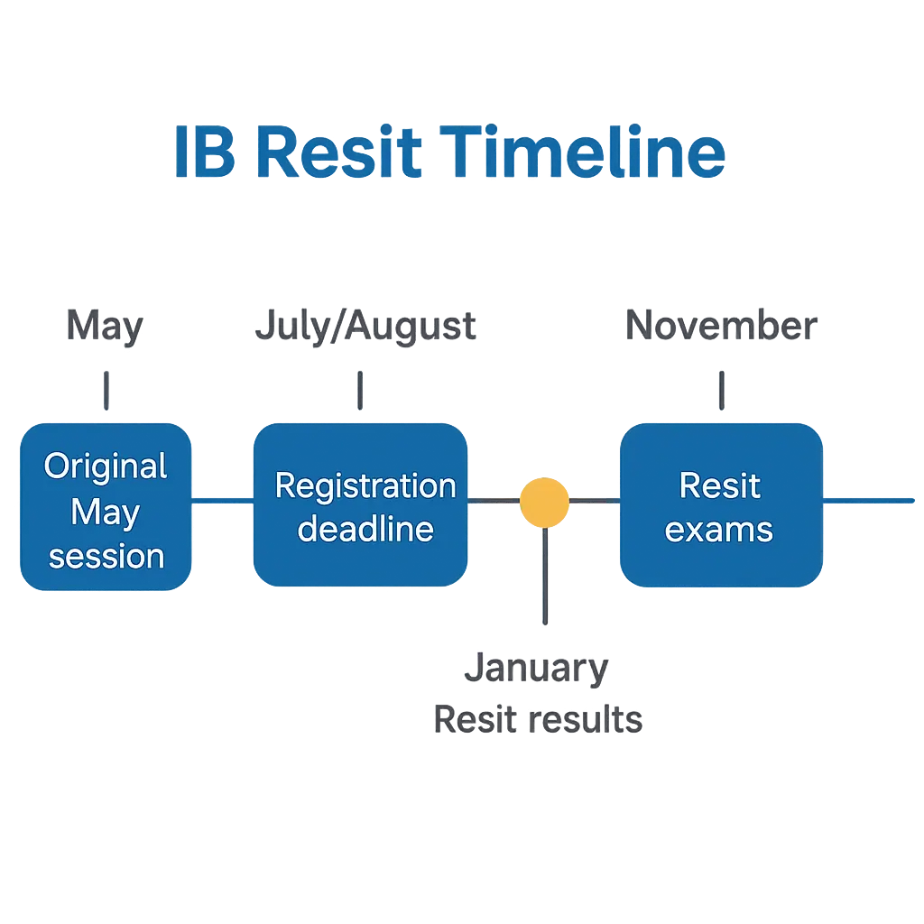 IB resit timeline showing registration deadline, November exam dates, and January results release