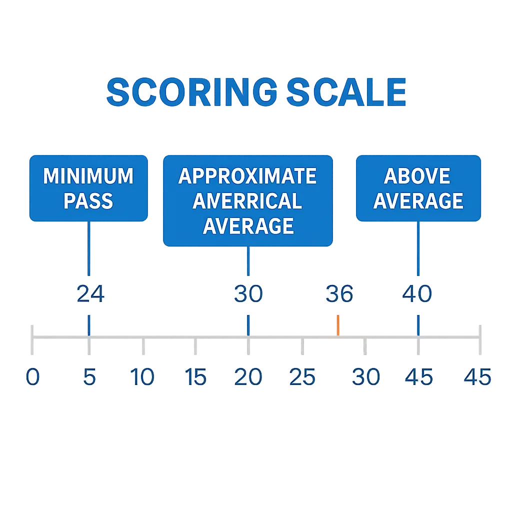 IB diploma score scale from 0 to 45 showing pass threshold at 24, average near 30, and top scores at 40 and 45