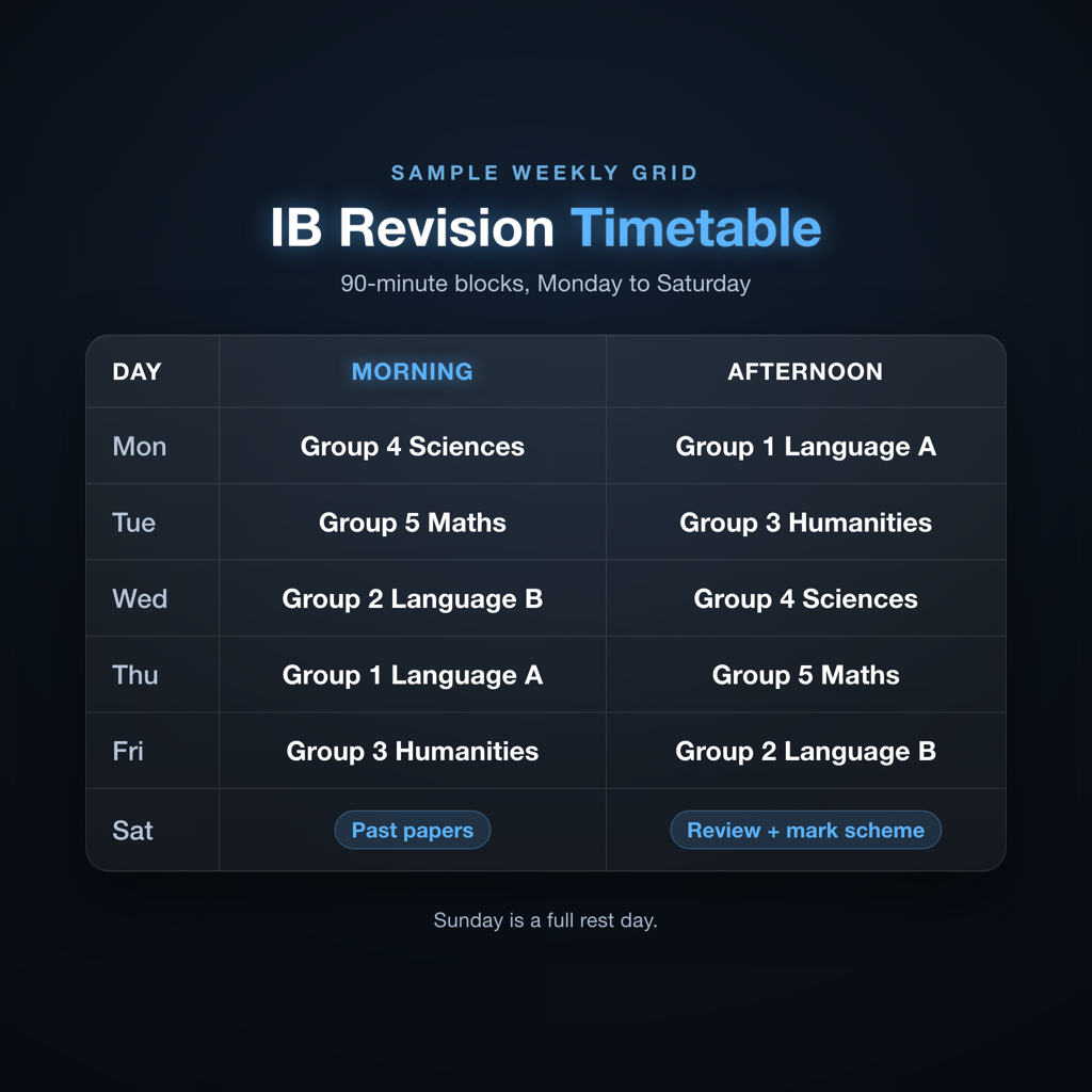 Sample IB revision timetable showing six subjects rotated across Monday to Saturday in 90-minute study blocks