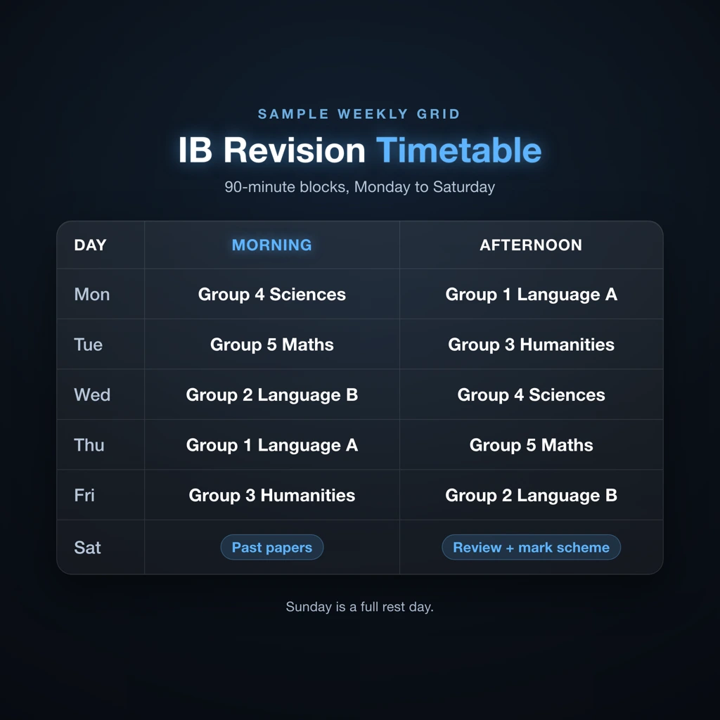 Sample IB revision timetable showing six subjects rotated across Monday to Saturday in 90-minute study blocks