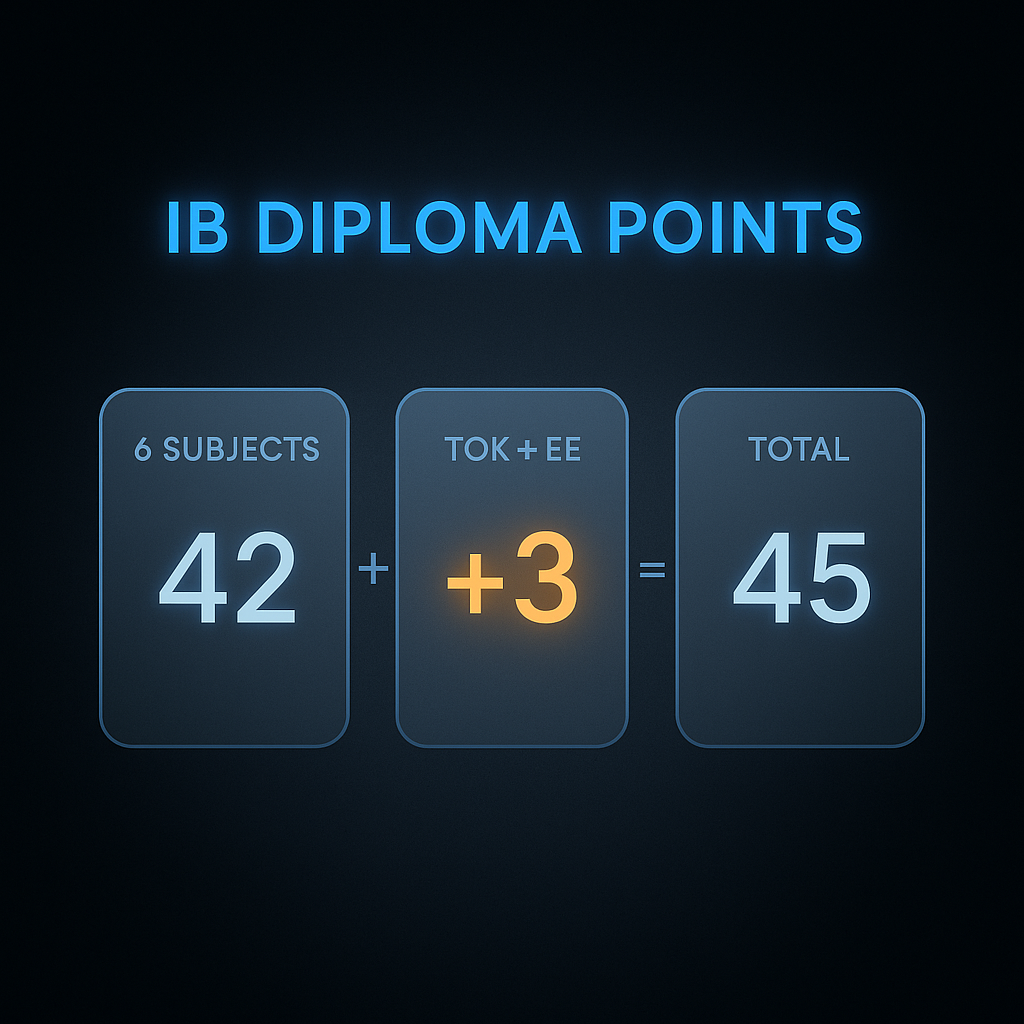 Diagram showing IB diploma points structure: six subjects plus TOK and Extended Essay core points totalling 45