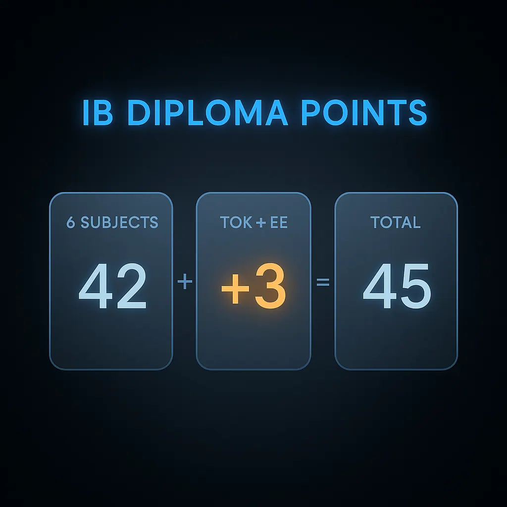 Diagram showing IB diploma points structure: six subjects plus TOK and Extended Essay core points totalling 45