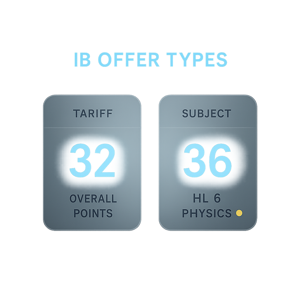 Comparison of IB university offer types: tariff-based overall points offer versus specific HL subject grade requirement