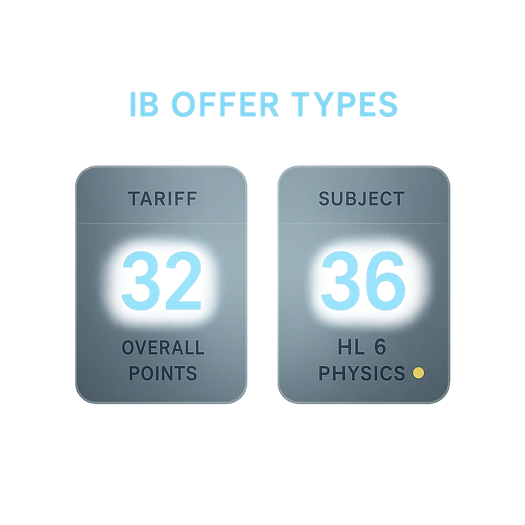 Comparison of IB university offer types: tariff-based overall points offer versus specific HL subject grade requirement