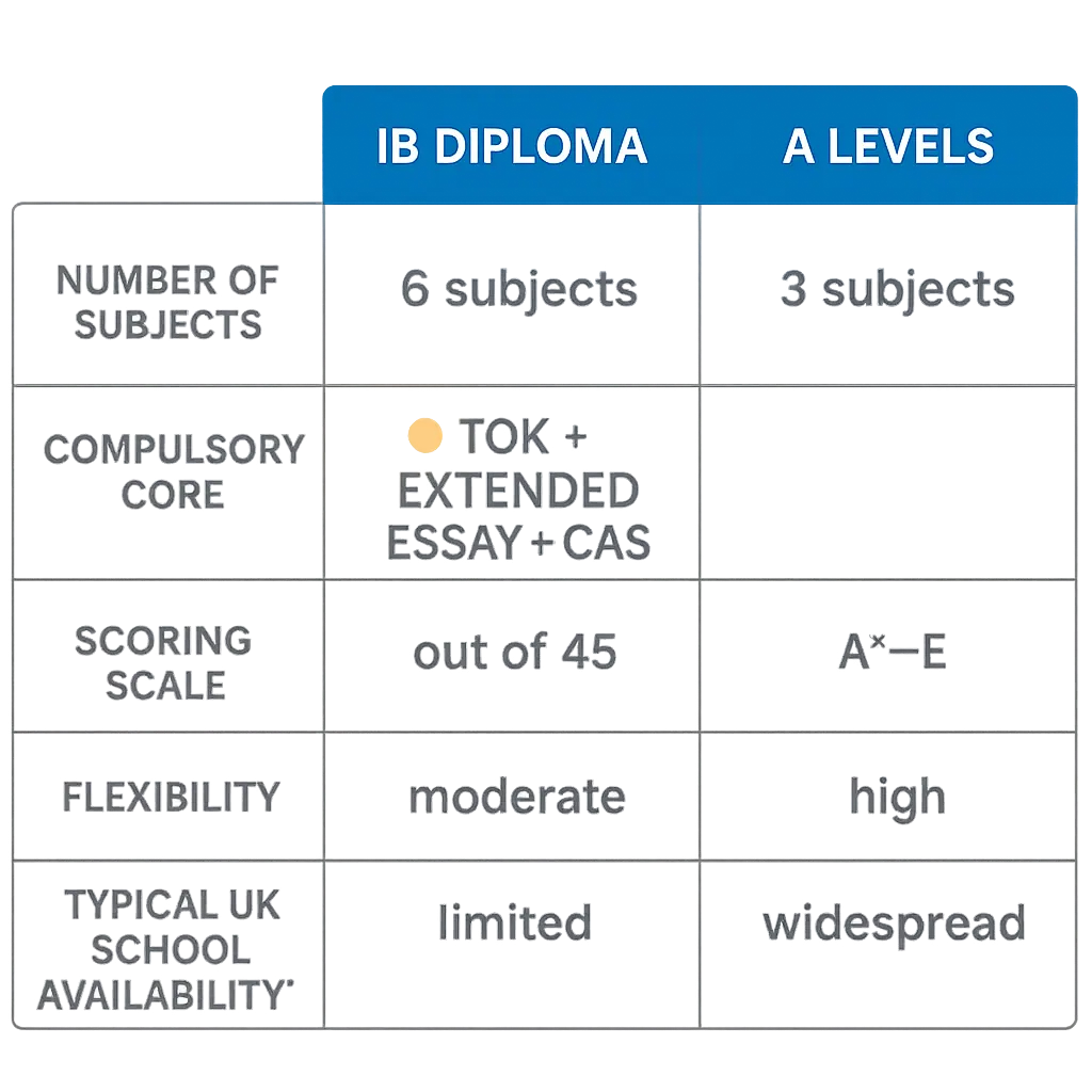 IB Diploma vs A Levels side-by-side comparison card showing subjects, scoring, and core components