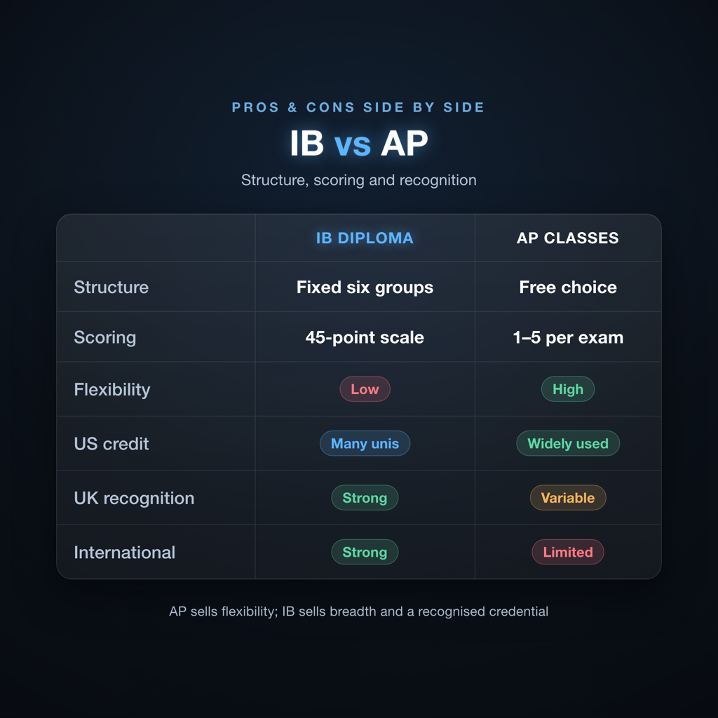 IB vs AP side-by-side comparison card covering structure, scoring, flexibility, US credit, UK recognition, and international recognition