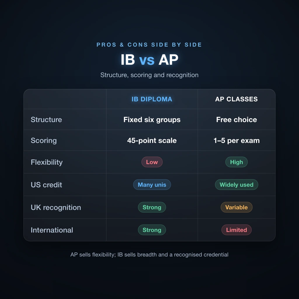 IB vs AP side-by-side comparison card covering structure, scoring, flexibility, US credit, UK recognition, and international recognition